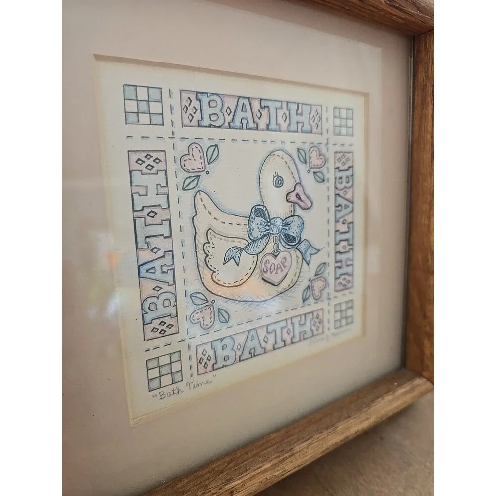 Vintage Goose Bath Time Wall Decor Cottagecore Bathroom Hanging Wood Frame